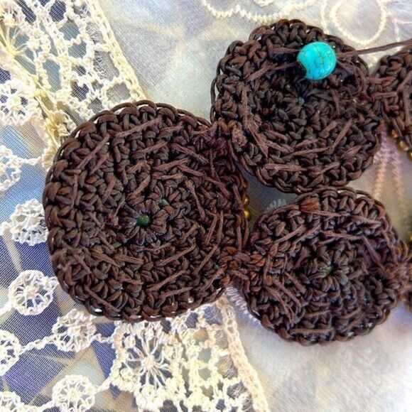 Turquoise Gold & Brown Medallion Handcrafted Crochet Necklace 22" 24" - Picture 9 of 13